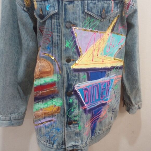 Vintage 80's Sportdeco Diner Acid Wash Hand Painted Embellished Denim Jacket - M - Picture 5 of 13